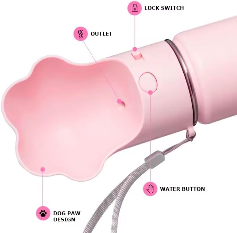 Duna Gulp by 18oz Dog Travel Water Bottle with Paw-Shaped Bowl – Insulated Stainless Steel, Leakproof & Portable with Carry Strap – Outdoor Walking, Hiking & Pet Hydration On-The-Go – Pink - Image 4